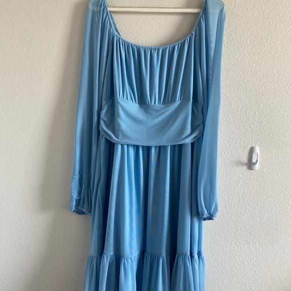 Wenrine Women's Mesh Long Sleeve Square Neck Dress High Waist A Line Ruffle Hem - Picture 4 of 7